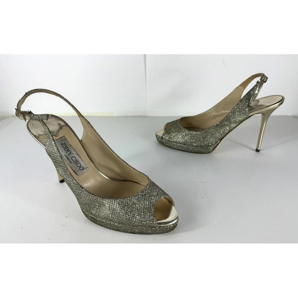 Jimmy Choo Nova Champagne Glitter Peep Toe Slingback Pumps Size EU 38 US 8